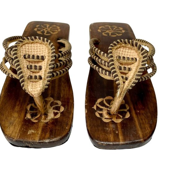 Carved Wooden Japanese Inspired Raffia Flip Flop Platform Thong Sandals Sz 6/6.5 - Picture 4 of 9